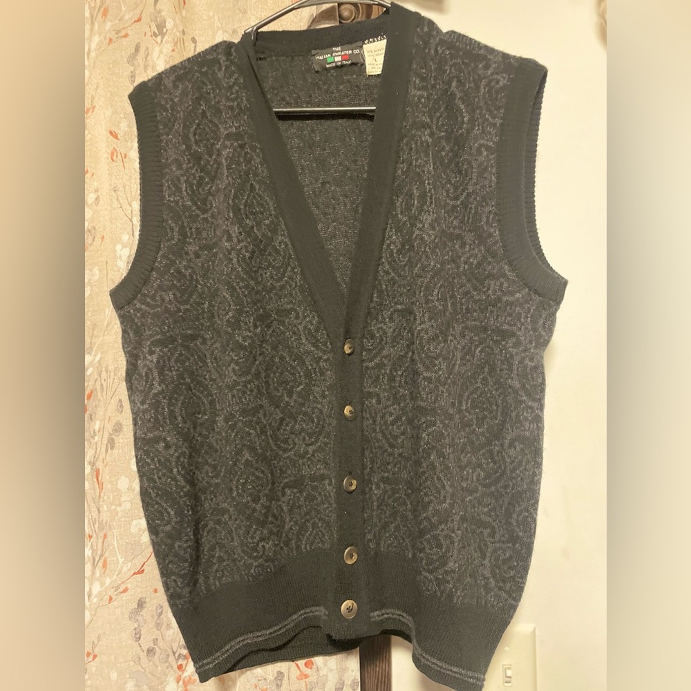 Vintage Gray Black Unique Design Button-Up Knit Vest, Men’s L, Made in Italy